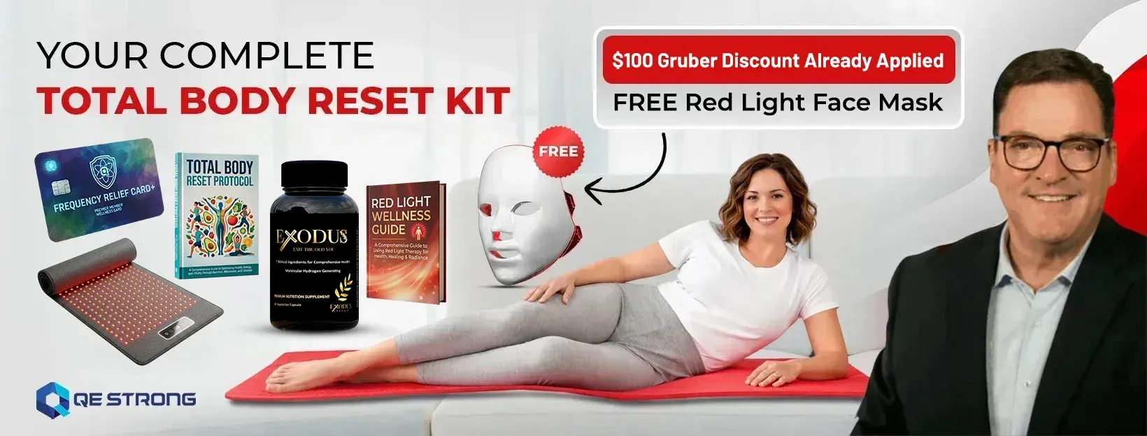 Total Body Reset Kit featuring a woman on a red mat with a Frequency Relief Card+, Exodus supplement bottle, LED face mask, and wellness guides, promoting clinical-grade red light therapy for recovery and rejuvenation.